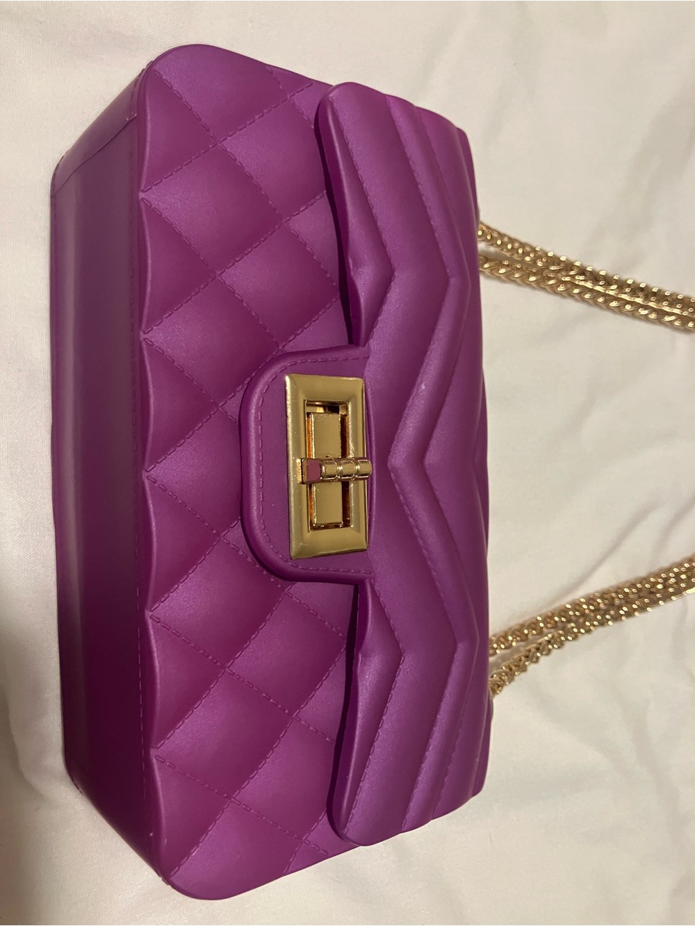 Fuchsia Quilted Matte Jelly Shoulder Bag with Gold Chain Strap